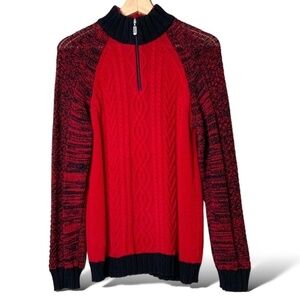 COTTON COUNTRY 100% Cotton Red Black 1/4 Zip Sweater Stand Up Collar US Sz M